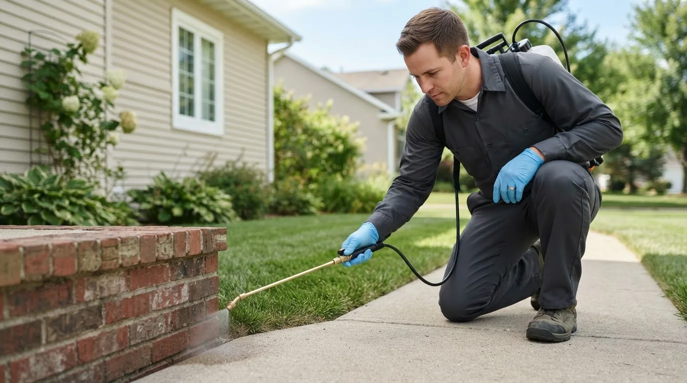 Pest control technician treating a home near Southbury, CT